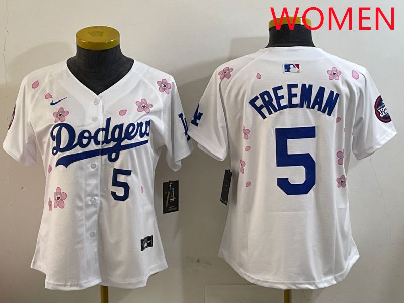 Women Los Angeles Dodgers 5 Freeman White Sakura Edition 2025 Nike MLB Jersey style 8